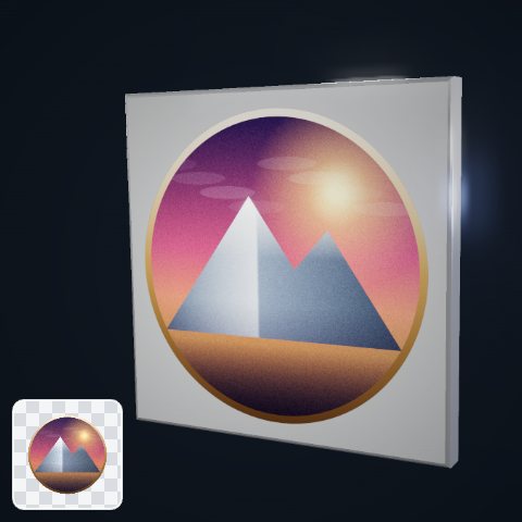 A shaded, photo-like version of the same badge, shown as a flat picture on a square 3D tile.